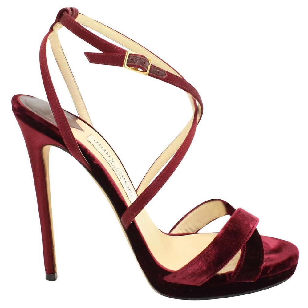 Jimmy Choo Burgundy Velvet And Satin Lola Cross Strap Sandals Size 39 - Picture 2 of 16